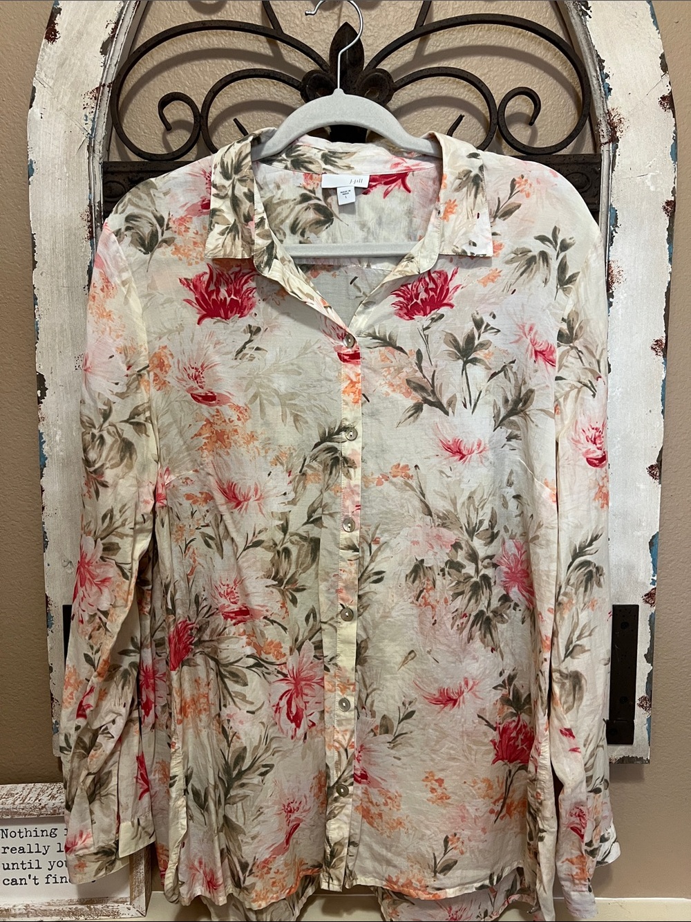 J. Jill Cream Floral Button-Front Blouse with Pink & Green Accents